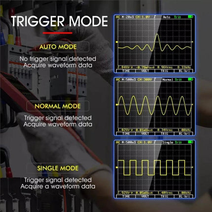 Tooltop 2-in-1 Oscilloscope and Multimeter for DIY Projects handheld showing trigger modes and waveform displays