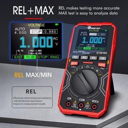 Tooltop 2-in-1 Oscilloscope and Multimeter for DIY Projects handheld multimeter displaying 1.000V waveform and REL/MAX features