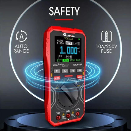 Tooltop 2-in-1 Oscilloscope and Multimeter for DIY Projects handheld red multimeter with color display showing 1.000V, auto range and 10A/250V fuse