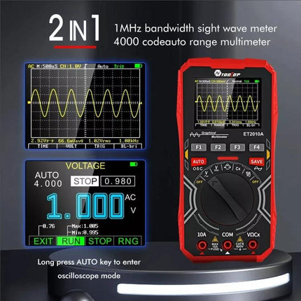 Tooltop 2-in-1 Oscilloscope and Multimeter for DIY Projects handheld unit showing waveform display and multimeter readings