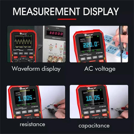 Tooltop 2-in-1 Oscilloscope and Multimeter for DIY Projects measuring waveform AC voltage resistance and capacitance on handheld display