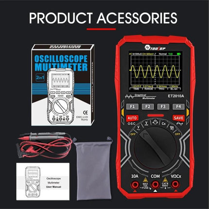 Tooltop 2-in-1 Oscilloscope and Multimeter for DIY Projects handheld unit with probes, leads, manual and carrying pouch