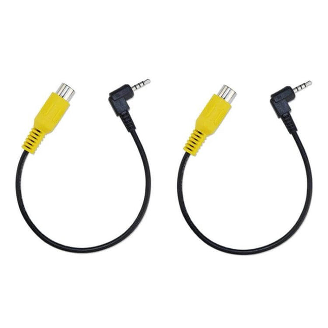 Stereo Four Section To RCA Female Car Video Cable Universal showing two short RCA female to 3.5mm right-angle adapter cables