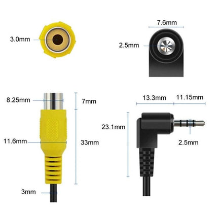 Stereo Four Section To RCA Female Car Video Cable Universal yellow RCA female to 3.5mm right-angle plug with dimensions diagram