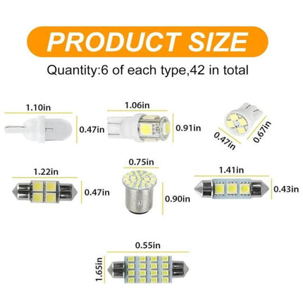 Car Interior Reading LED Light Set, 42-Piece For Cabin Lighting - product size chart showing six LED bulb types and dimensions