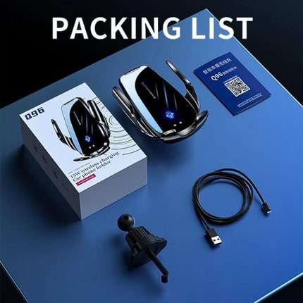 Q96 Car Wireless Charging Phone Mount With Suction Cup shown with packaging, USB cable, and vent/suction base ready for installation