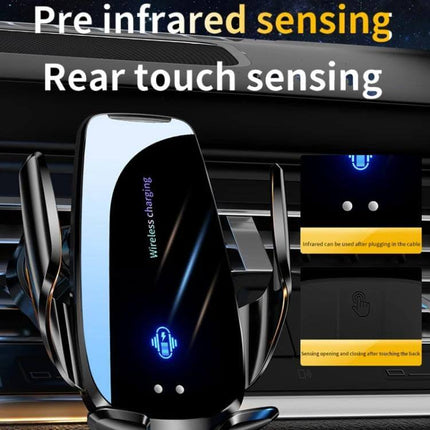 Q96 Car Wireless Charging Phone Mount With Suction Cup mounted in car vent showing infrared and rear touch sensing LED indicators