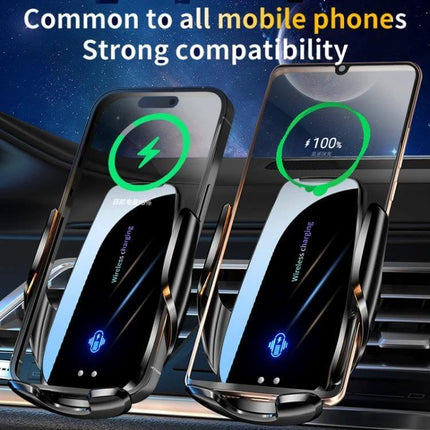 Q96 Car Wireless Charging Phone Mount With Suction Cup showing two phones charging on a dashboard mount with suction base