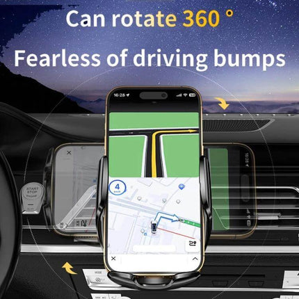 Q96 Car Wireless Charging Phone Mount With Suction Cup mounted on car dashboard showing 360° rotation and navigation screen