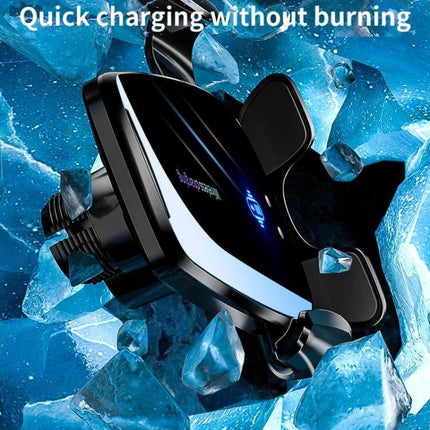 Q96 Car Wireless Charging Phone Mount With Suction Cup mounted in car vent showing ice-themed cooling design and quick-charging LED