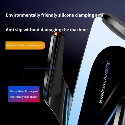 Q96 Car Wireless Charging Phone Mount With Suction Cup showing silicone clamping arm and protective pad for secure Qi wireless charging