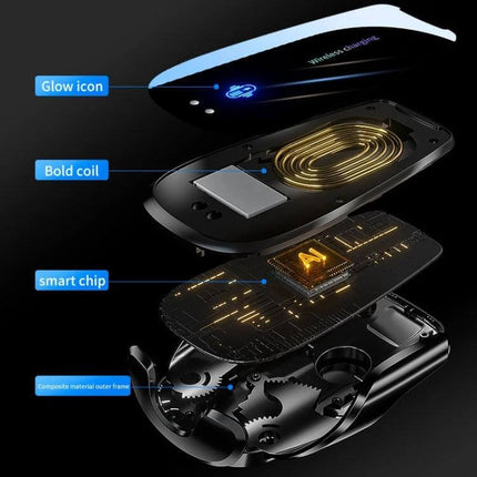 Q96 Car Wireless Charging Phone Mount With Suction Cup showing exploded view of coil, smart chip, glow icon and suction base