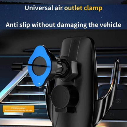 Q96 Car Wireless Charging Phone Mount With Suction Cup mounted on car air vent showing universal air outlet clamp and anti-slip design