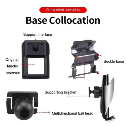 BMW Car Air Outlet Phone Holder Snap On Dashboard Mount - exploded view showing buckle base, support interface, multidirectional ball head and supporting bracket