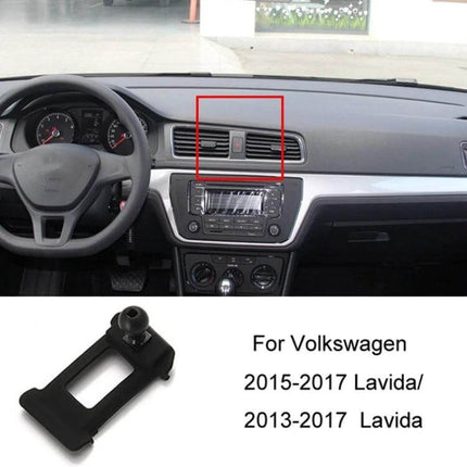 VW Air Outlet Phone Holder Base For Dashboard In Car shown mounted on VW Lavida dashboard near center air vents, compact snap-on plastic base