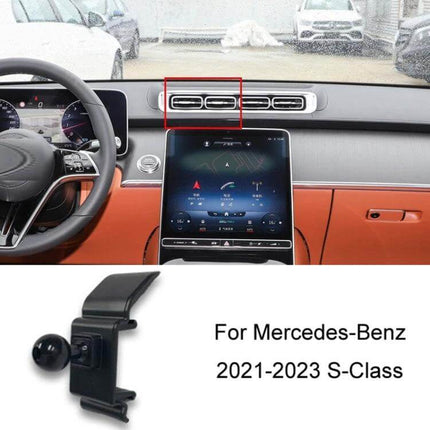 Mercedes-Benz Car Air Outlet Phone Holder Integrated Base mounted on S-Class dashboard vent, stable snap-on phone mount for navigation and calls