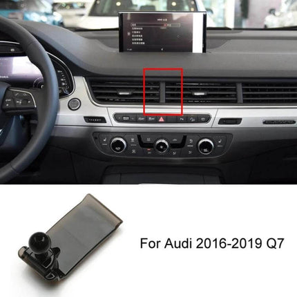 Audi Dashboard Phone Holder Mount For Left Hand Drive Cars shown clipped to Audi Q7 dashboard vent for hands-free navigation and phone access