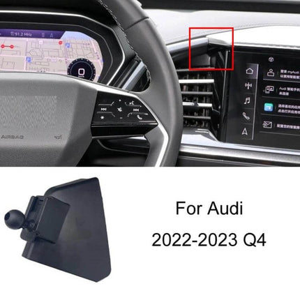 Audi Dashboard Phone Holder Mount For Left Hand Drive Cars clipped to dashboard near vent in left-hand-drive Audi Q4 interior