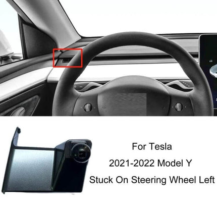 Tesla Air Outlet Clip Phone Holder Base Left Mount installed on dashboard left of steering wheel, 360° ball head visible for Model Y 2021-2022