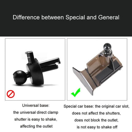 Tesla Air Outlet Clip Phone Holder Base Left Mount showing special car base vs universal base comparison, original slot fit and stable 360° ball head