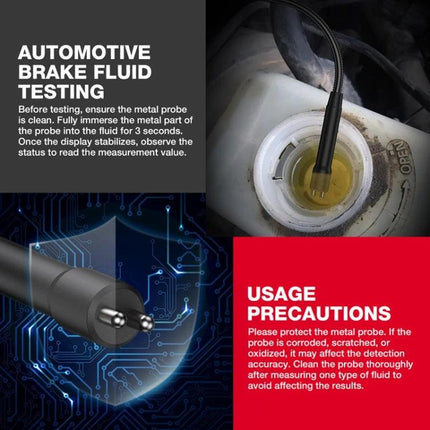Use HABOTEST Pen for Checking Moisture in Motorcycle Brake Fluids - probe in brake fluid reservoir showing testing tips and precautions