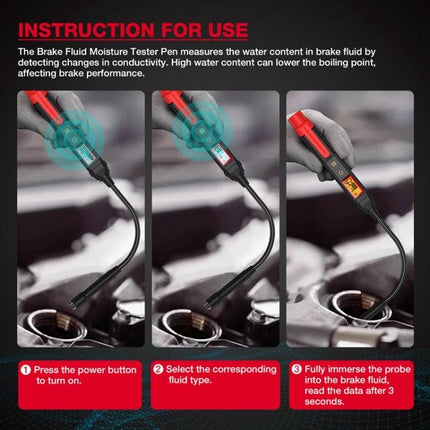 Use HABOTEST Pen for Checking Moisture in Motorcycle Brake Fluids shown testing brake fluid with probe and instructions