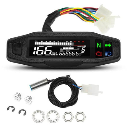 Motorcycle Digital LCD Instrument Panel With Speed Display compact universal 12V dash showing speed odometer trip and indicator lights