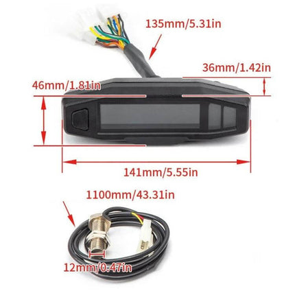 Motorcycle Digital LCD Instrument Panel With Speed Display compact universal 12V dashboard with wires and speed sensor, measurements labeled