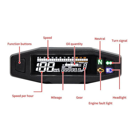 Motorcycle Digital LCD Instrument Panel With Speed Display compact universal 12V dash showing speed odometer trip and indicator lights
