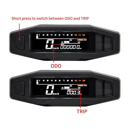 Motorcycle Digital LCD Instrument Panel With Speed Display - universal 12V dash showing ODO and TRIP, 0–199 KM/H, single-button KM/H/MPH switch