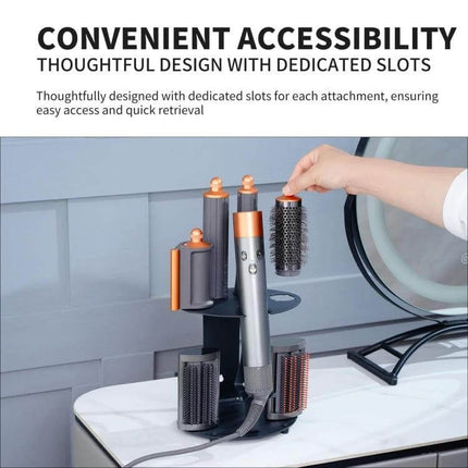 Dyson Airwrap Storage Rack for Desktop and Wall Mount Bracket holding curling iron and six attachments on bathroom countertop