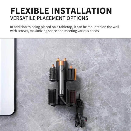 Dyson Airwrap Storage Rack for Desktop and Wall Mount Bracket holding Airwrap and six attachments in wall-mounted setup on marble counter