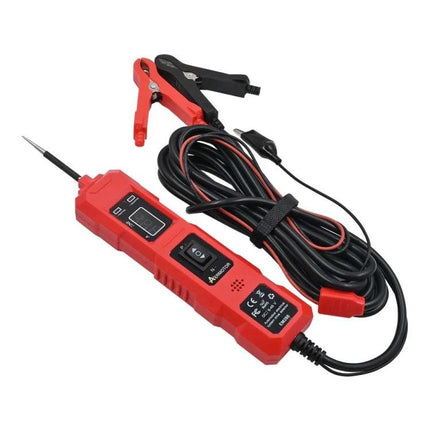 Handy Circuit Tester for Daily Vehicle Maintenance - red handheld automotive circuit tester with probe, clamp and long cable for battery and wiring checks