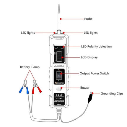 Handy Circuit Tester for Daily Vehicle Maintenance - labeled probe, LED lights, LCD, battery clamp, grounding clips