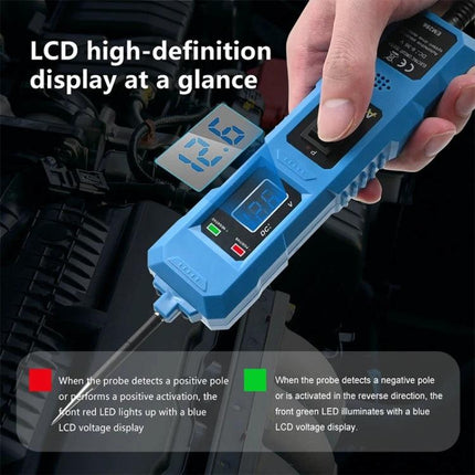 Handy Circuit Tester for Daily Vehicle Maintenance showing blue handheld LCD tester probing car battery with clear digital display