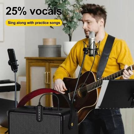 Vocal Processor for Everyday Singing Practice and Home Karaoke used by man with guitar and microphone for home karaoke and practice