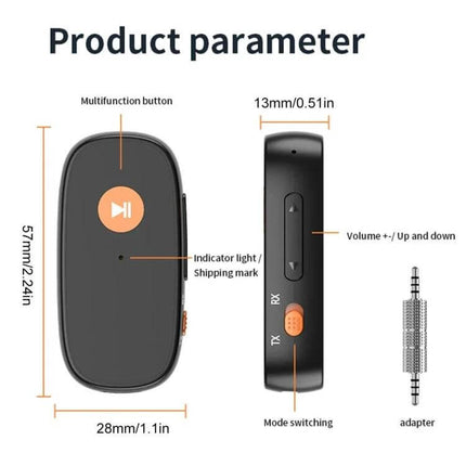 2-In-1 Car Bluetooth Receiver Transmitter For Hands-Free Calls compact receiver/transmitter with multifunction button, volume controls, mode switch and 3.5mm adapter