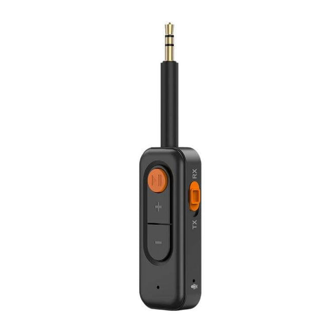 2-In-1 Bluetooth Receiver And Transmitter For In-Car Use compact black dongle with 3.5mm plug, one-button switch and RX/TX slider