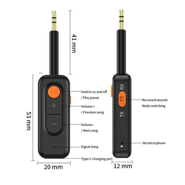 2-In-1 Bluetooth Receiver And Transmitter For In-Car Use compact 3.5mm aux plug with one-button switch, volume controls, RX/TX mode and Type-C charging
