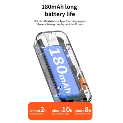 2-In-1 Bluetooth Receiver And Transmitter For In-Car Use showing 180mAh battery, Type-C fast charging and ~10h playtime