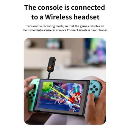 2-In-1 Bluetooth Receiver And Transmitter For In-Car Use shown connected to a handheld game console to enable wireless headset audio
