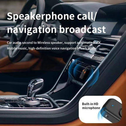 2-In-1 Bluetooth Receiver And Transmitter For In-Car Use shown plugged into car aux port with hands-free microphone and one-button switch