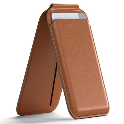 MagSafe Wallet Card Holder with Adjustable Stand for Phones in brown PU leather showing card pocket and kickstand for hands-free viewing