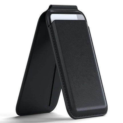 MagSafe Wallet Card Holder with Adjustable Stand for Phones in black PU leather showing card pocket and kickstand for hands-free viewing