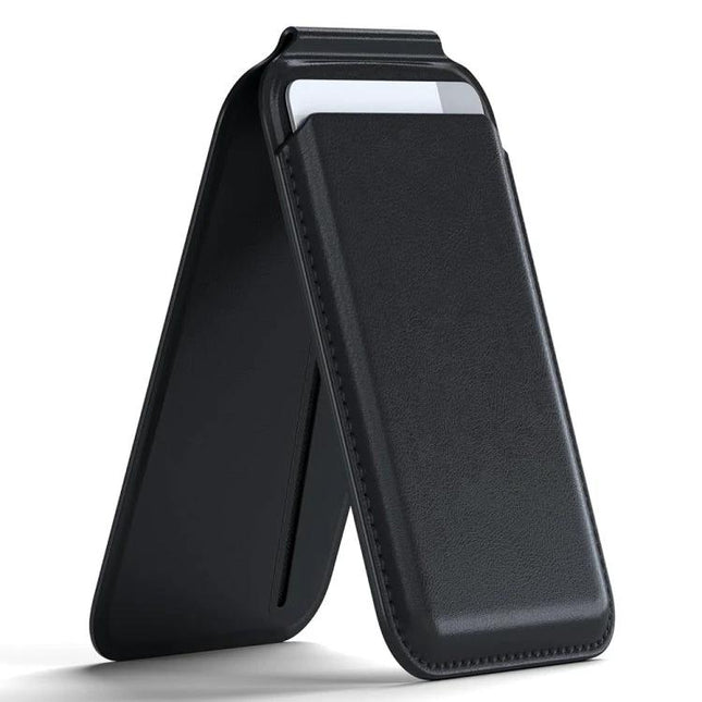 MagSafe Wallet Card Holder with Adjustable Stand for Phones in black PU leather showing card pocket and kickstand for hands-free viewing