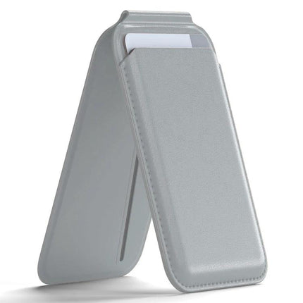 MagSafe Wallet Card Holder with Adjustable Stand for Phones in gray PU leather showing card slot and angled hands-free viewing
