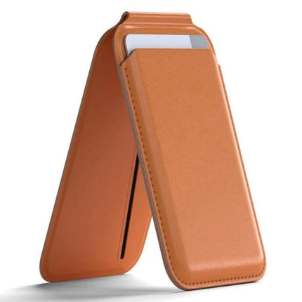 MagSafe Wallet Card Holder with Adjustable Stand for Phones - brown PU leather magnetic card wallet and foldable phone stand for hands-free viewing