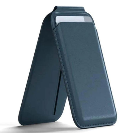 MagSafe Wallet Card Holder with Adjustable Stand for Phones in navy PU leather showing card pocket and foldable kickstand