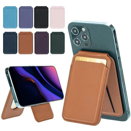 MagSafe Wallet Card Holder with Adjustable Stand for Phones attached to phone showing card pocket and kickstand in brown PU leather