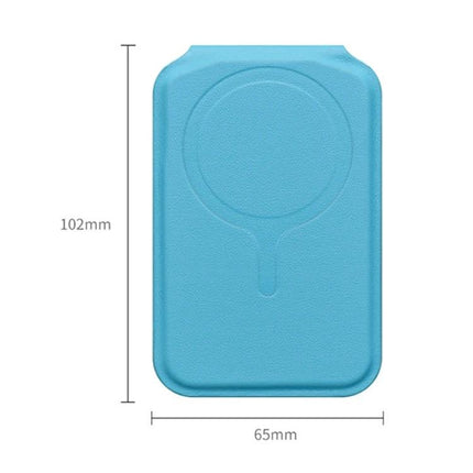 MagSafe Wallet Card Holder with Adjustable Stand for Phones in blue PU leather showing dimensions 102mm x 65mm and MagSafe circle imprint